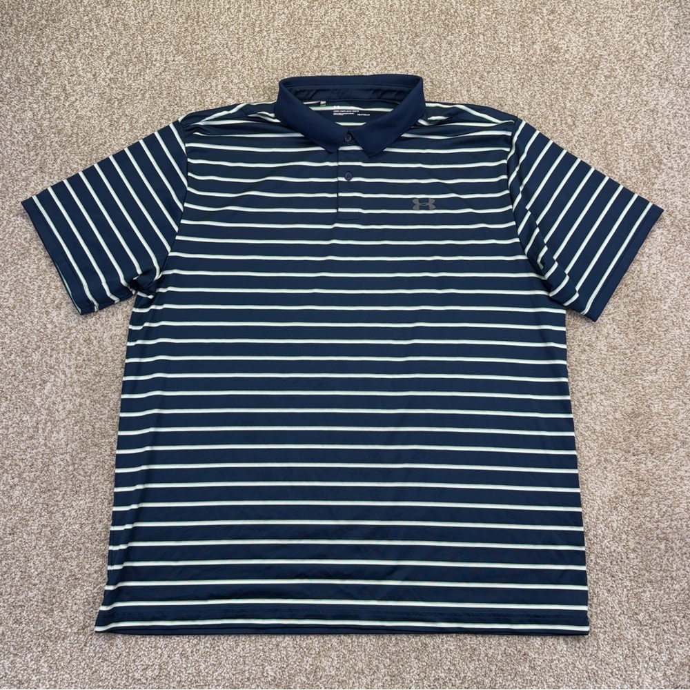 Under Armour Blue White Green Striped Polo Shirt Mens Size 2XL Heatgear - Picture 3 of 10